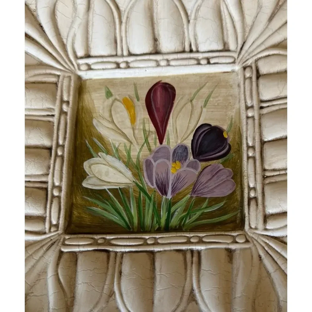 Vintage Hand Painted Floral Heavy Resin Pictures Set Of Two 10” Textured Frame